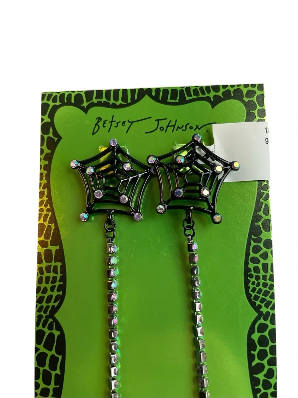 Betsey Johnson Black Spider Web Drop Earrings with Iridescent Stones